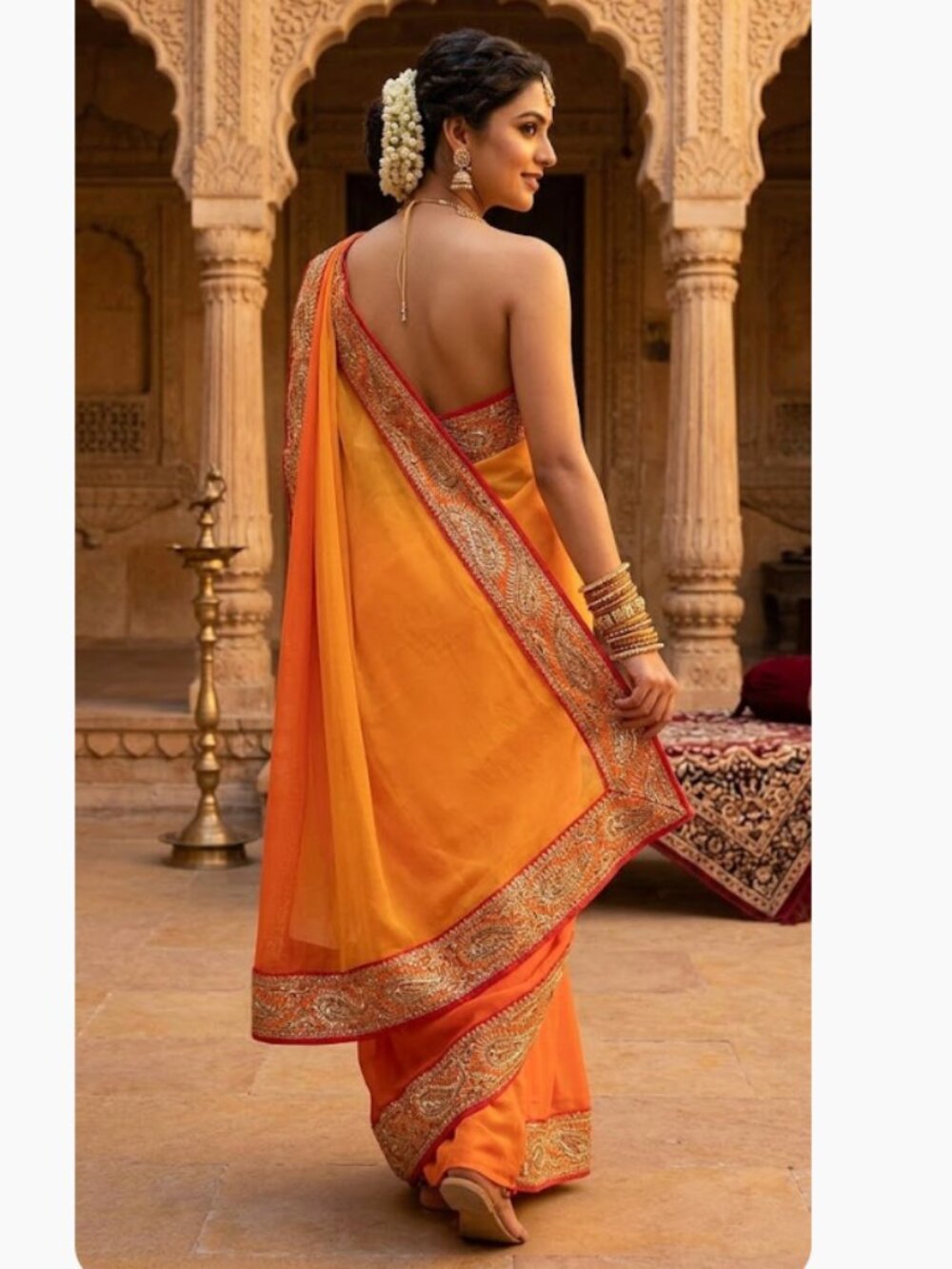NEW  Orange Gold Embroidered Saree Paisley Sequined Border Traditional Indian